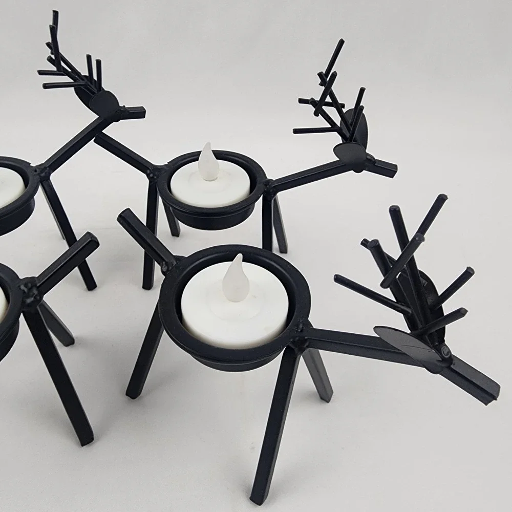 4 Metal Reindeer‎ Candleholders Antique Black 5"x5" Holiday Primitive Farmhouse - Picture 2 of 5